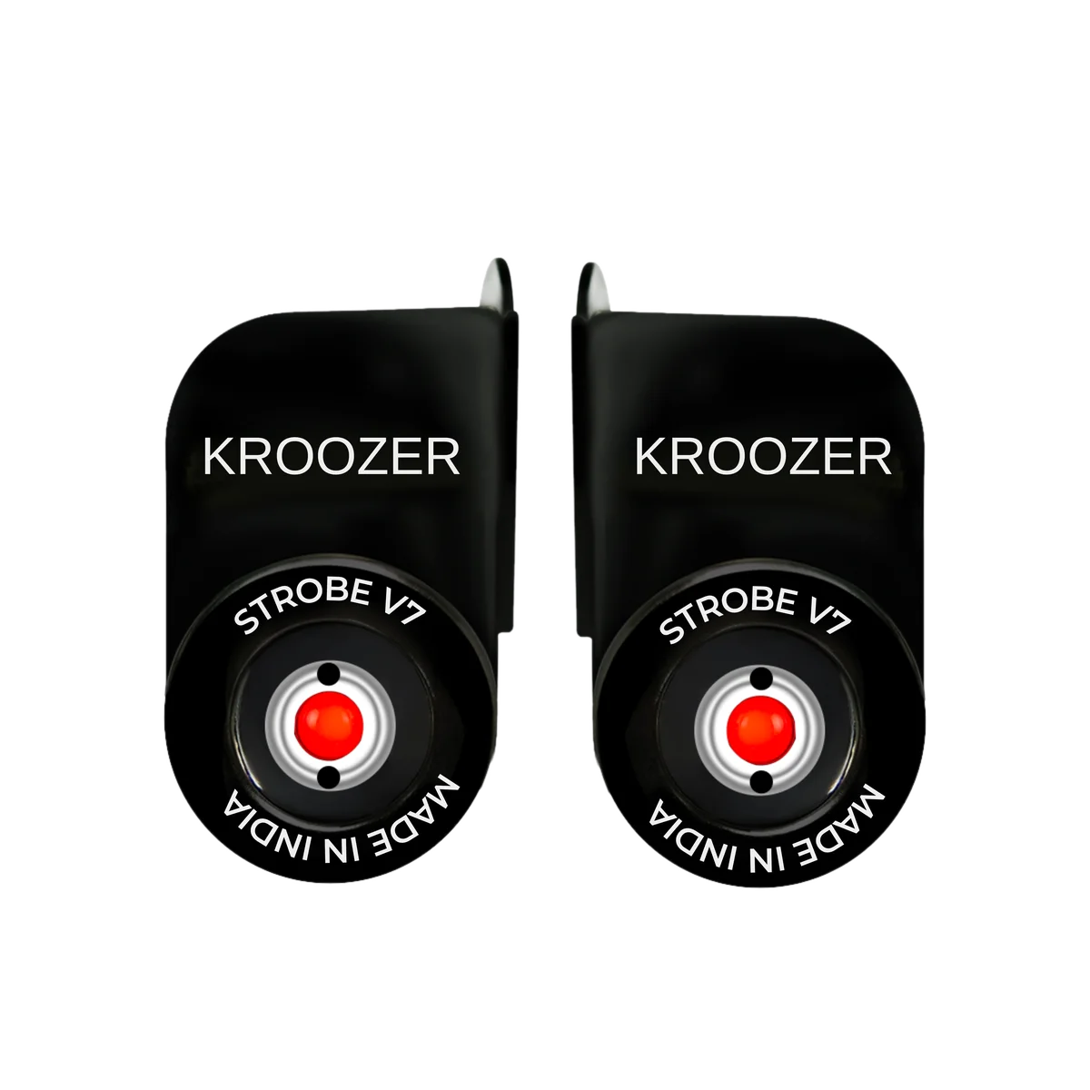 Pair of KROOZER Strobe V7.0 pods — black cylindrical LED units on L-brackets marked STROBE V7, MADE IN INDIA